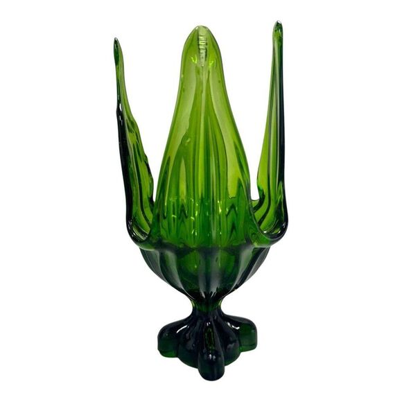 Vintage Viking Glass Vase Green Handkerchief 4 Toed Pedestal Hand-Blown 9" READ